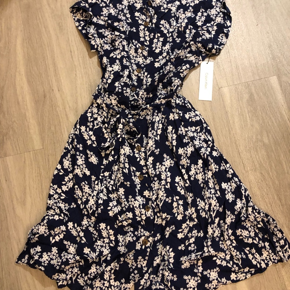 NWT Calvin Klein Point Collar Button Front Print Short Sleeve Floral Shirt Dress